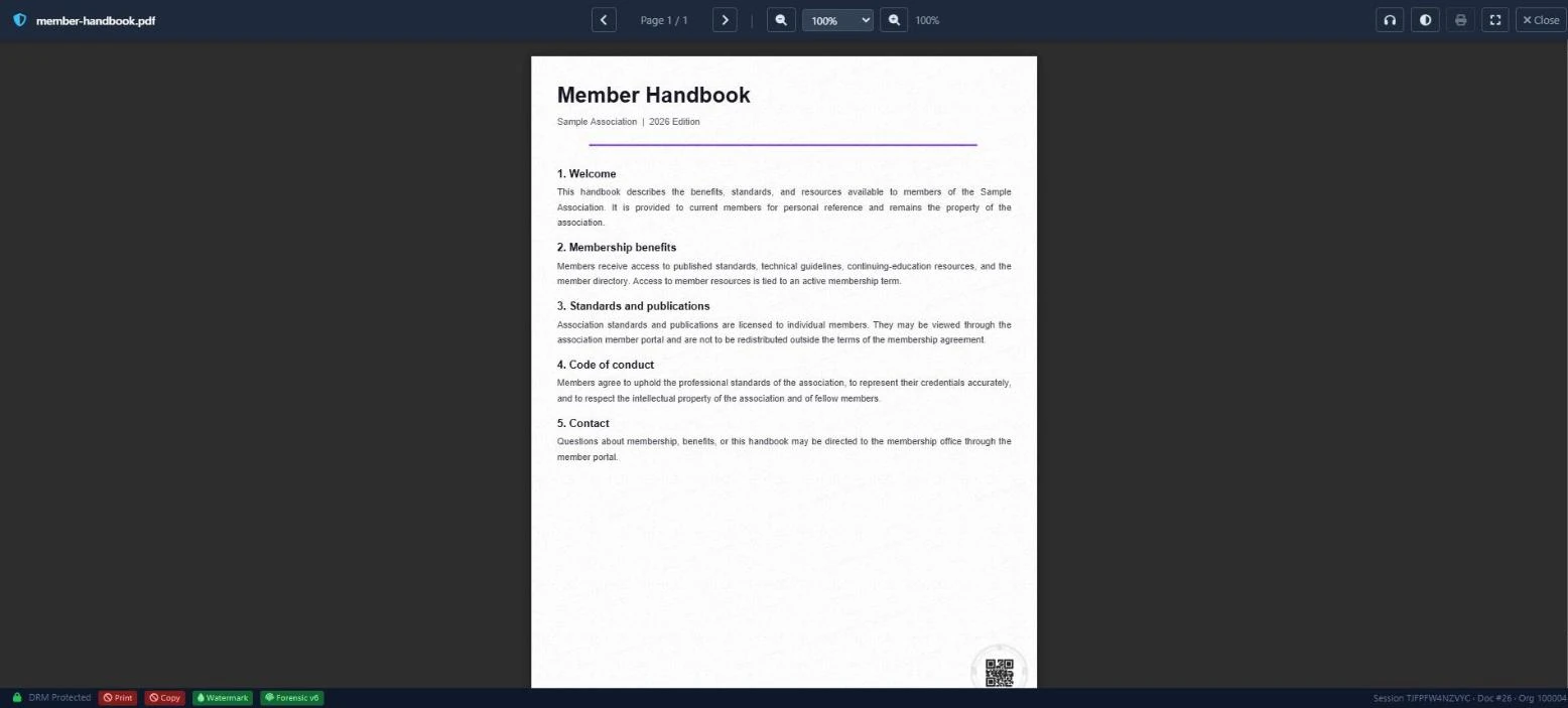 The protected viewer displaying a sample member handbook. Status indicators along the bottom show the document is DRM protected, printing and copying are blocked, and a reader watermark is applied.